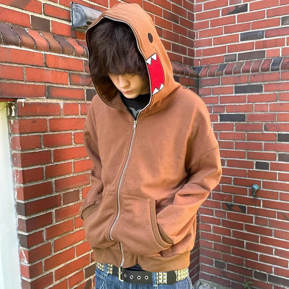 Domo kun унисекс куртка с вышивкой, толстовка с капюшоном на молнии и длинными рукавами для осенне-зимнего кардигана