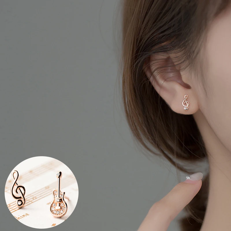 

100% 925 Sterling Silver Zircon Note Earrings for Women Girl Fashion Guitar Hollow Out Design Jewelry Party Gift Dropshipping