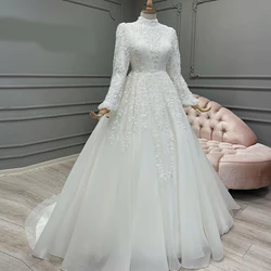 Luxury Muslim Wedding Dresses For Women 2025 Ruched Long Wedding Gowns Lace Applique Beads Elegant Bride Dress vestidos de novia