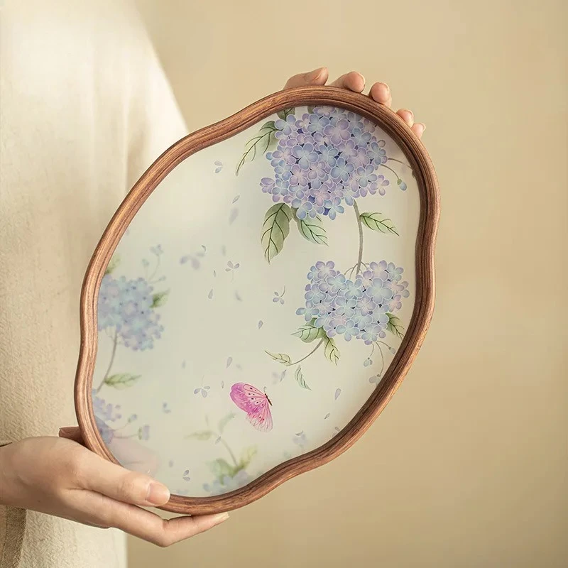 

Hydrangea Made Of Bamboo Glass Tea Tray Snack Plate Coffee Storage Board Teapot Holder Dishes For Serving Cafes Accessories Gift