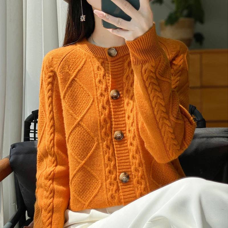 Women Autumn Winter Cashmere Sweater Thick Cardigan 100% Merino Wool O-Neck Knitwear Female  Soft Casual Rhombus Knitting Top