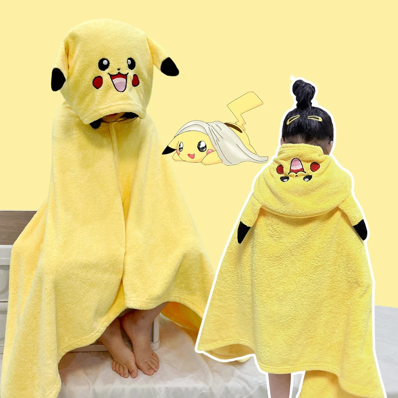 Pokemon Pikachu Plush Flannel Children's Bath Towel Cartoon One-piece Suit Swimming Absorbent Hooded Cape Home Kids Bathrobes