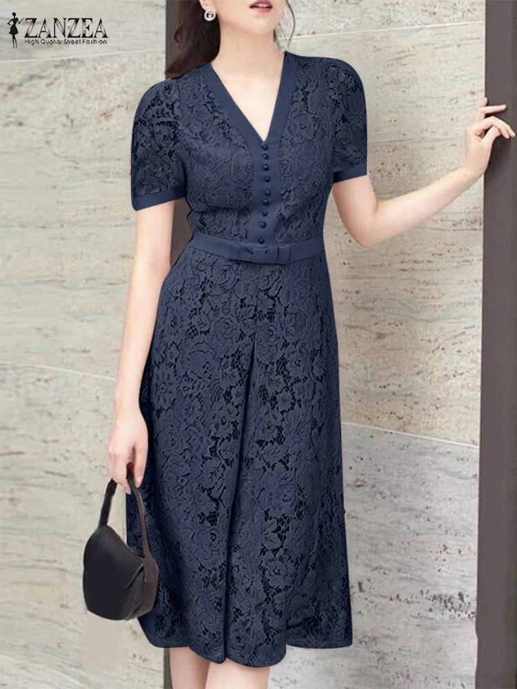 ZANZEA Elegant Womens Vestidos Openwork ลูกไม้ V คอเอวสั้นพัฟแขนเสื้อ Robes Femme Patchwork แฟชั่นชุด Midi