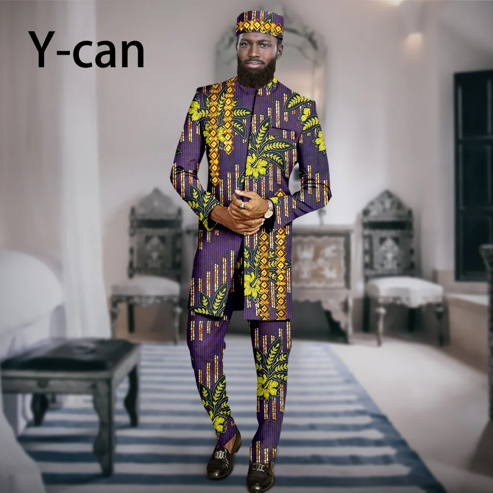 African Men Clothing 3 Piece Suits Set Embroidery Jacket and Trousers Match Muslim Caps Coat Men Outfits Party Wedding A2316069