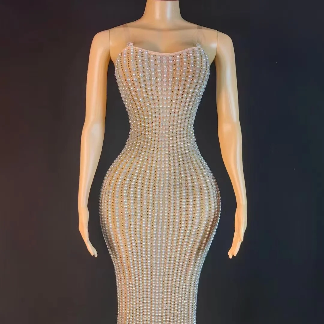 Maßge schneiderte neue sexy Spitze transparente Diamant Perle Pailletten Feder Wasser Diamant Wrap Hüfte Kleid langes Kleid Performance-Kleid