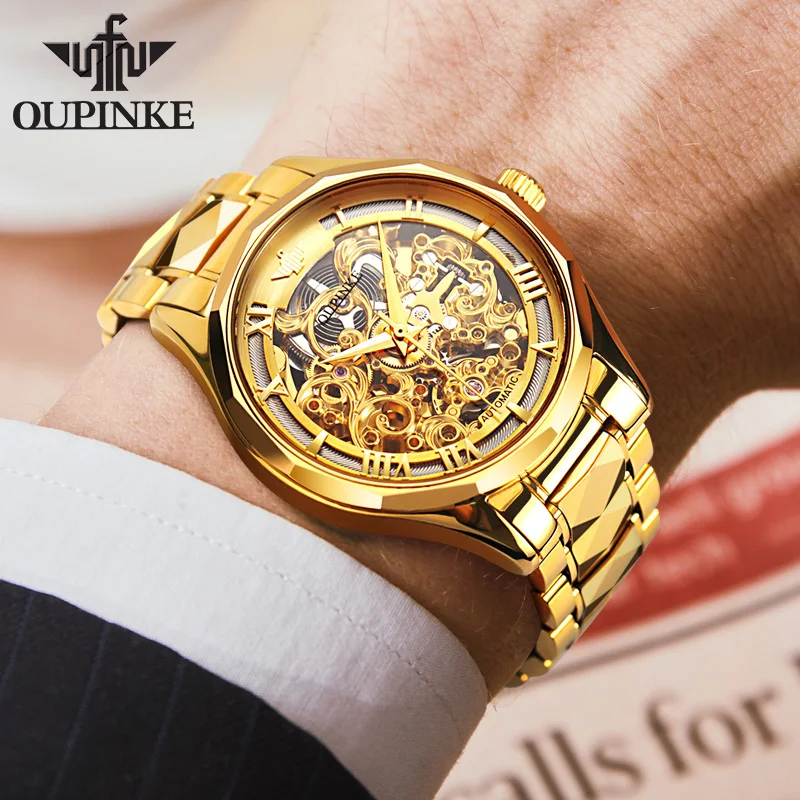 OUPINKE Automatic Mechanical Watch for Men Swiss Certification Gold Watch Skeleton Sapphire Crystal Waterproof Man Wristwatch