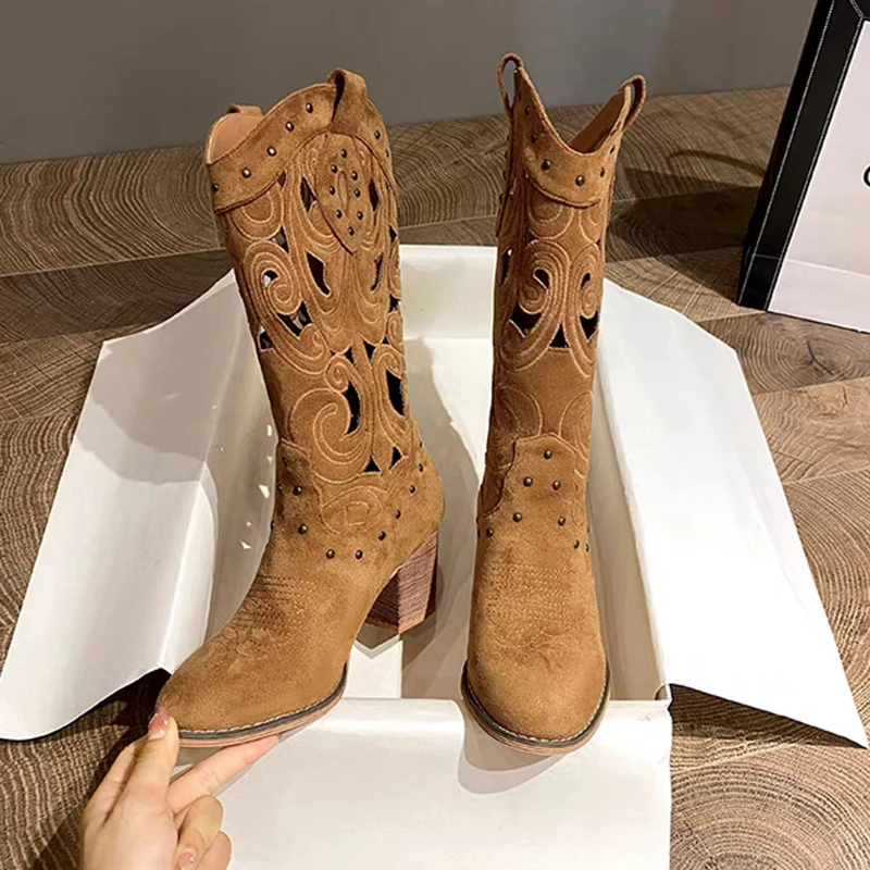 Hollow Embroidered Vintage Western Boots Women 2023 Autumn Chunky Heels Knee High Cowboy Boots Woman Pu Leather Knight Booties