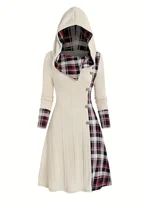 Knitted hooded dress plaid print stitching fake buckle high waist long sleeve A-line dress female - Image 3