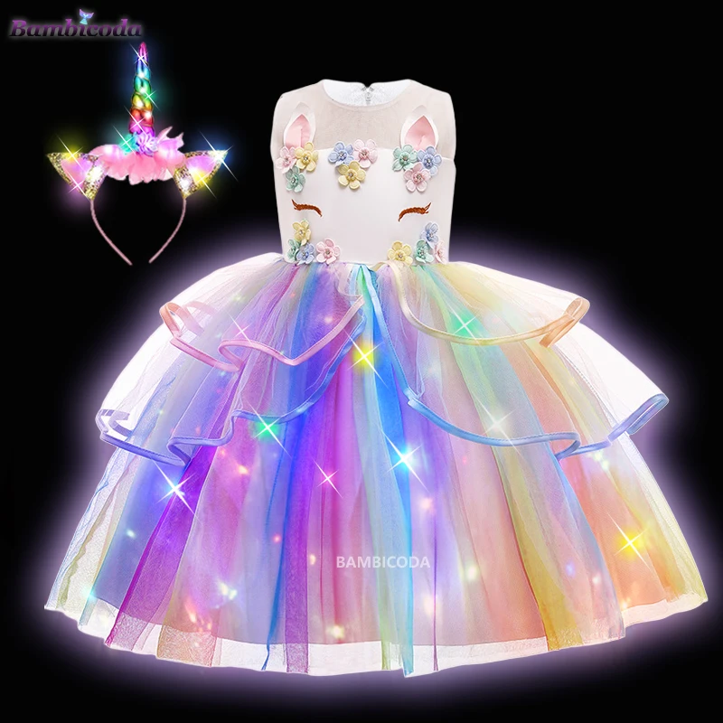 Vestido Tutu Unicórnio Brilhante das meninas, Vestido brilhante, LED Light Up Vestidos, Halloween Princess Clothing, Roupas infantis, 2023