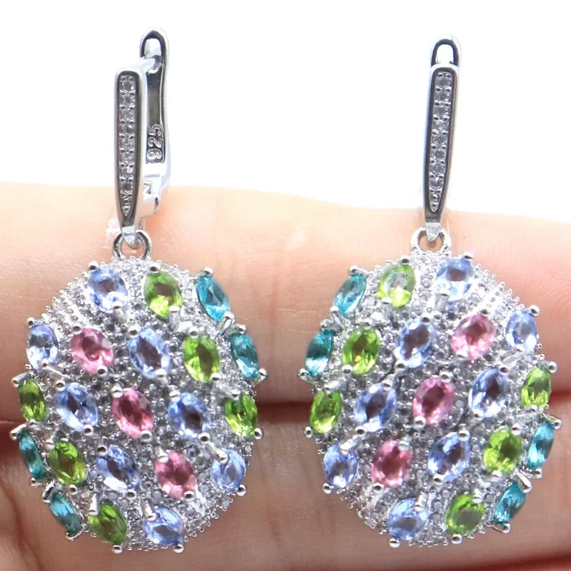 

12g 925 Solid Sterling Silver Earrings Customized Multi Color Green Peridot Swiss Blue Topaz Spessartine Garnet CZ