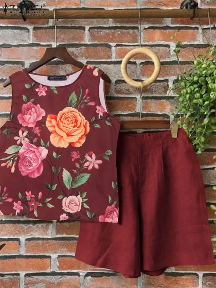ZANZEA 2024 Summer Women Short Sets Bohemian Two Piece Sets Floral Printed Sleeveless Tops and Shorts Loose Casual Suits Outfits