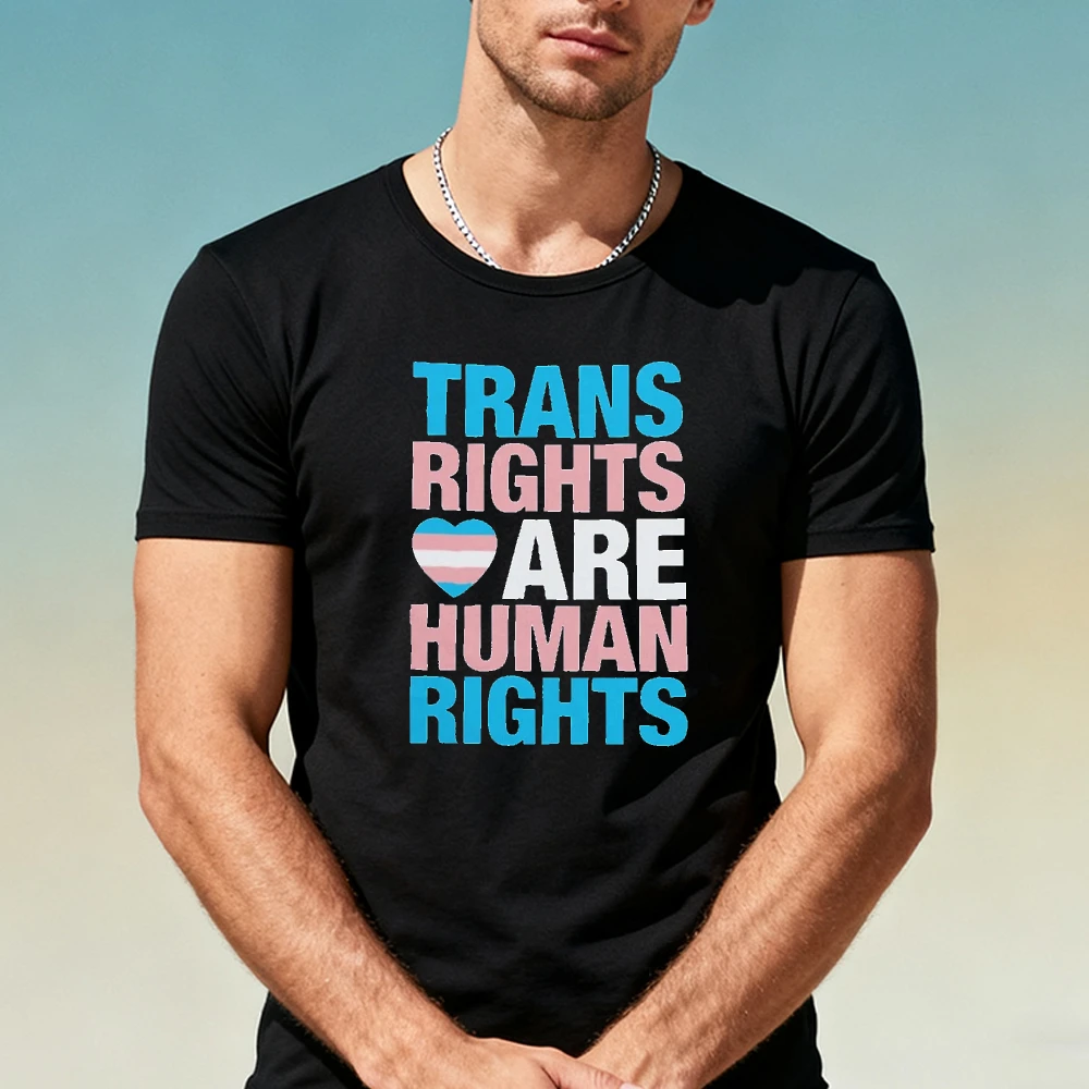 Trans Rights Are Human Rights Trans Flag Heart Print Tees Summer Short Sleeve Men T Shirt Breathable Casual Daily Parade Outfit
