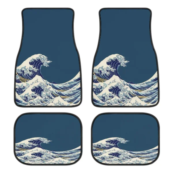 INSTANTARTS Fashion The Great Wave Off Kanagawa Design Full Set of 4 Front and Rear Car Floor Mat Carpet Universal All Weather