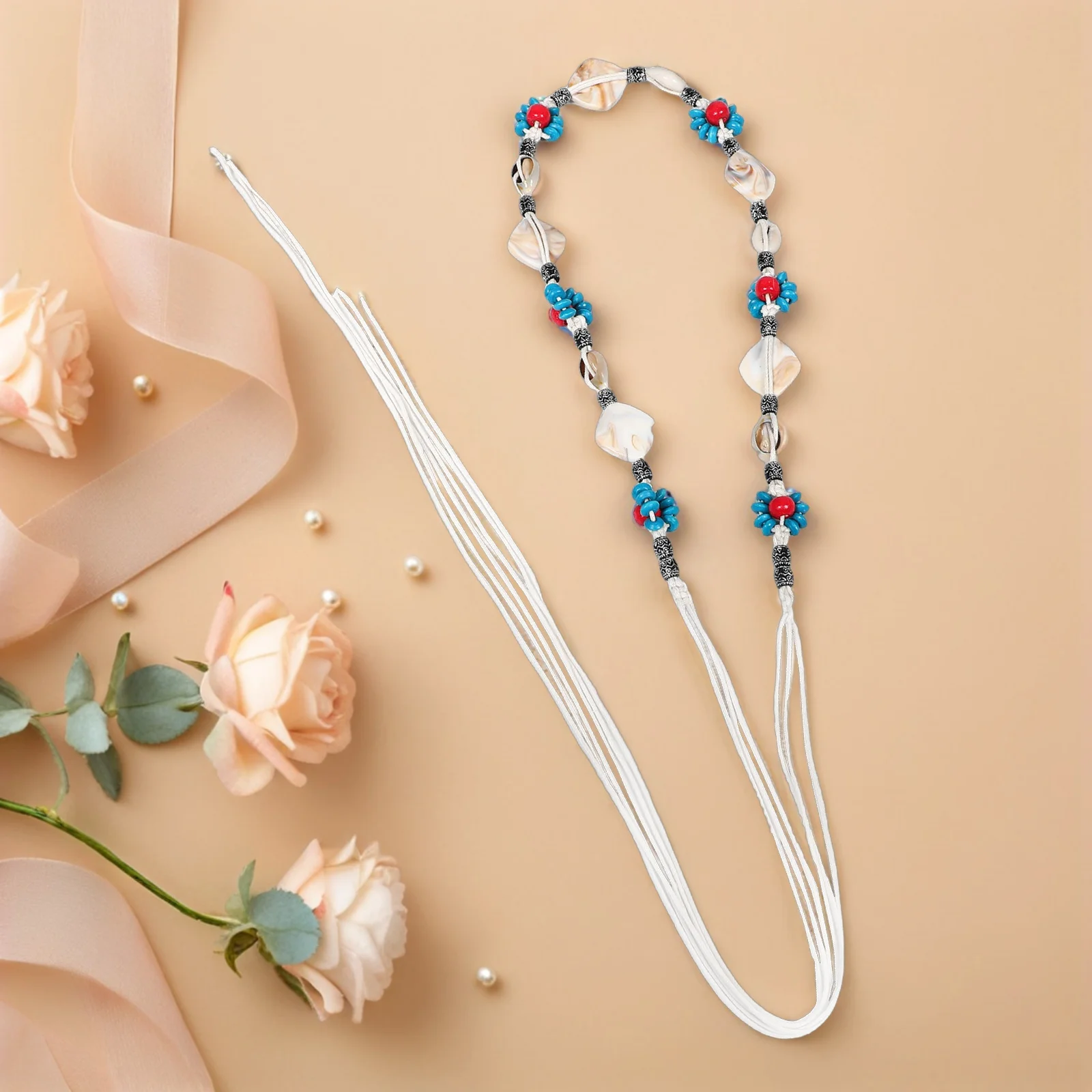 

Boho Braided Handmade Waist Belt Adjustable Knot Acrylic Bead Charms for Women Dresses Casual Outfits Woven Rope Belt