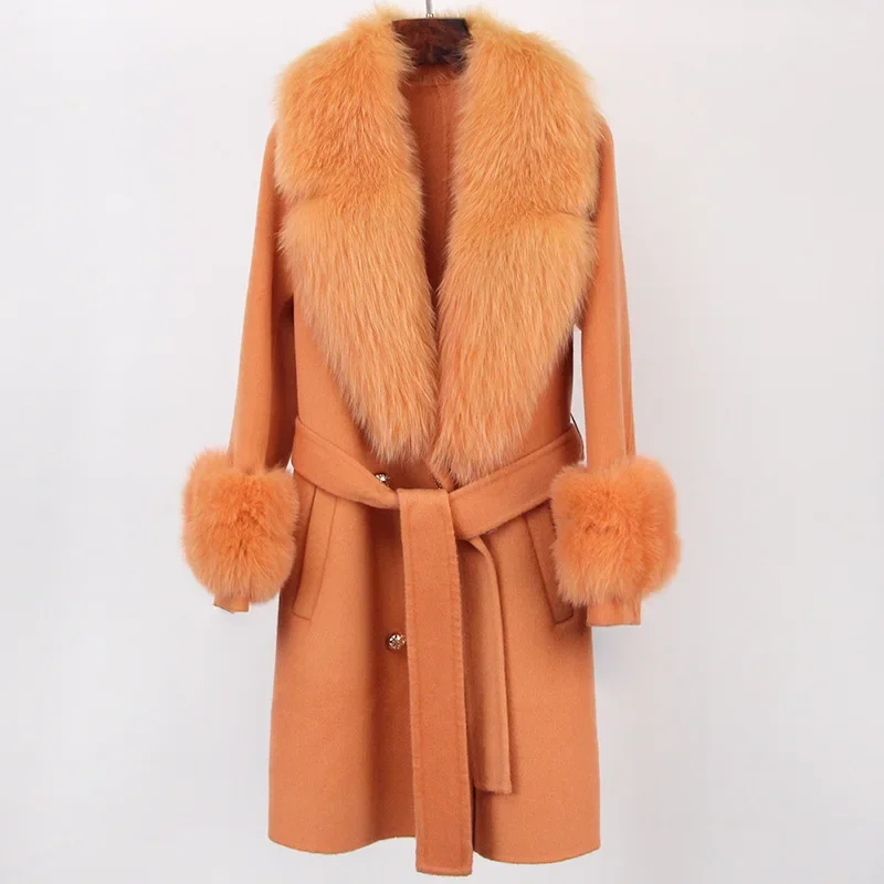 2024 Autumn Winter Luxurious Fox Fur Collar Double-sided Cashmere Coat for Women Suit Collar Warm Wool Coat Jacket for Women