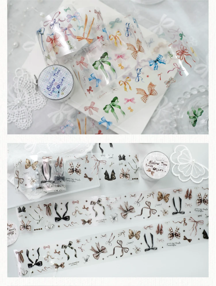 Journal GO 4.5cmx2m Cute Clips Ribbon Bow Patterned Tape Sticker for Collage Junk Journal Craft diy Scrapbook decor Masking Tap