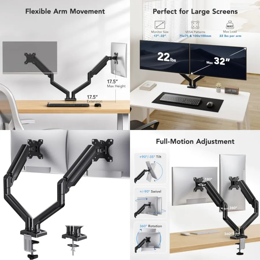 Dual Monitor Mount for 2 Monitors up to 32 inches, Each Arm Holds Max 22lbs, Dual Monitor Stand with Advanced System, Height-Adjustable/Tilt/Swivel/Rotate, VESA Standard 75mm or 100mm