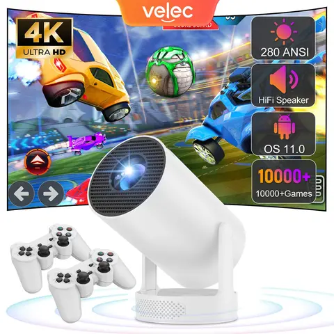 Proiettore di gioco Velec HY300 Pro Proiettore Android con chip professionale HiFi 2IN1 con 2 controller di gioco wireless 20000+ giochi