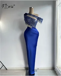 Elegant Beaded Mermaid Evening Dress Royal Blue One Shoulder Tassels Floor Length See Through Satin Prom Dress Robe De Soiree