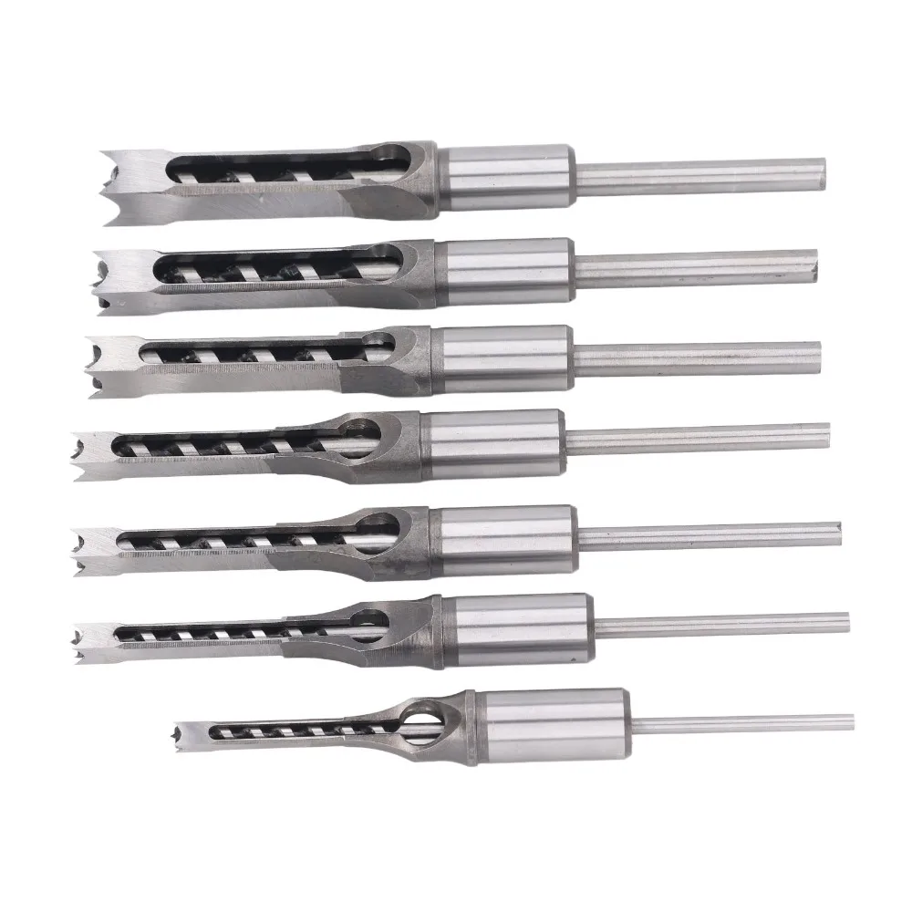 7pcs Bearing Steel Square Hole Drill Bit Sharp Cutting Edge Mortise and Tenon Attachment Mortising Chisel Set