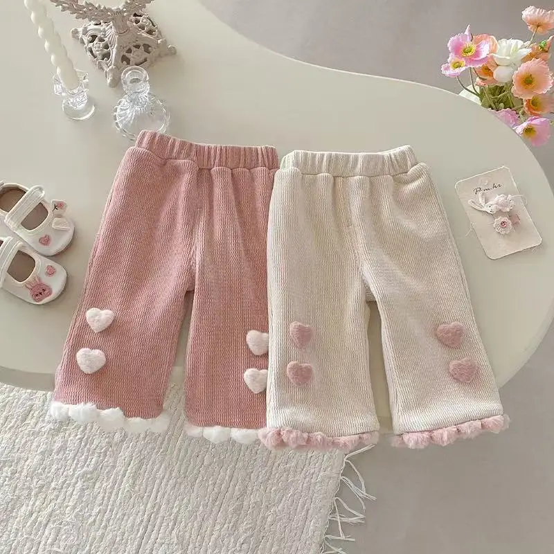 

73-120cm Winter Girls Fleece Pants Thickened Fluffy Lace With 3D Hearts Casual Trousers Fashion Baby Clothing
