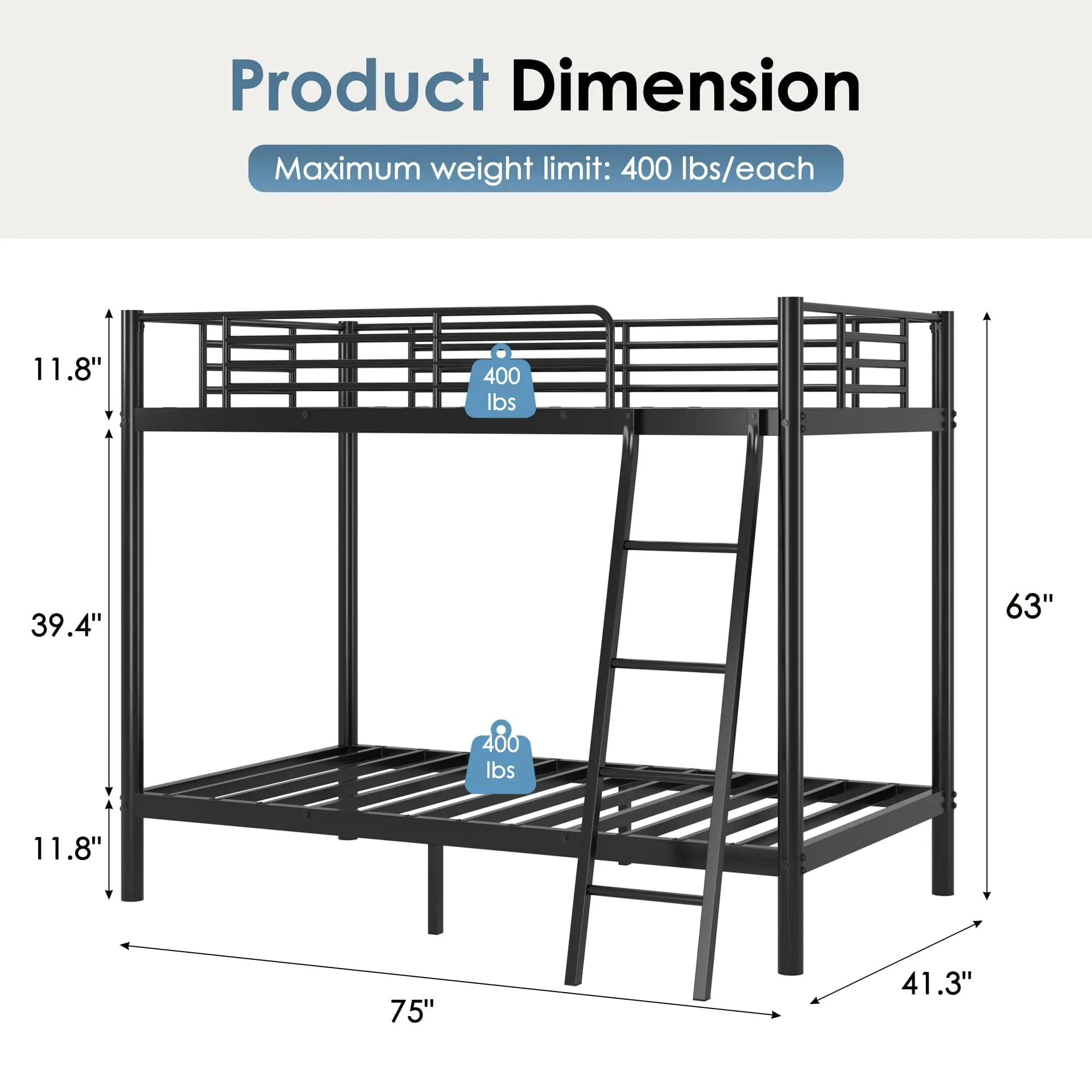 Bunk Bed Twin Over Twin, More Sturdy Heavy Duty Metal with Safe Guardrails & Ladder, Noise-Free Design for Teens and