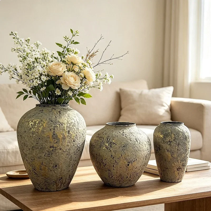 Wabi-Sabi Vintage Imitation Terracotta Planter Gold Iron Large Vase Hotel Decor Rustic Flower Vessel