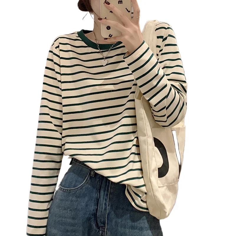 

Simple Korean Woman T Shirts 2025 Ropa Mujer Vintage Long Sleeve Loose Tees Fashion Camisetas Casual Striped Y2k Tshirt Tops