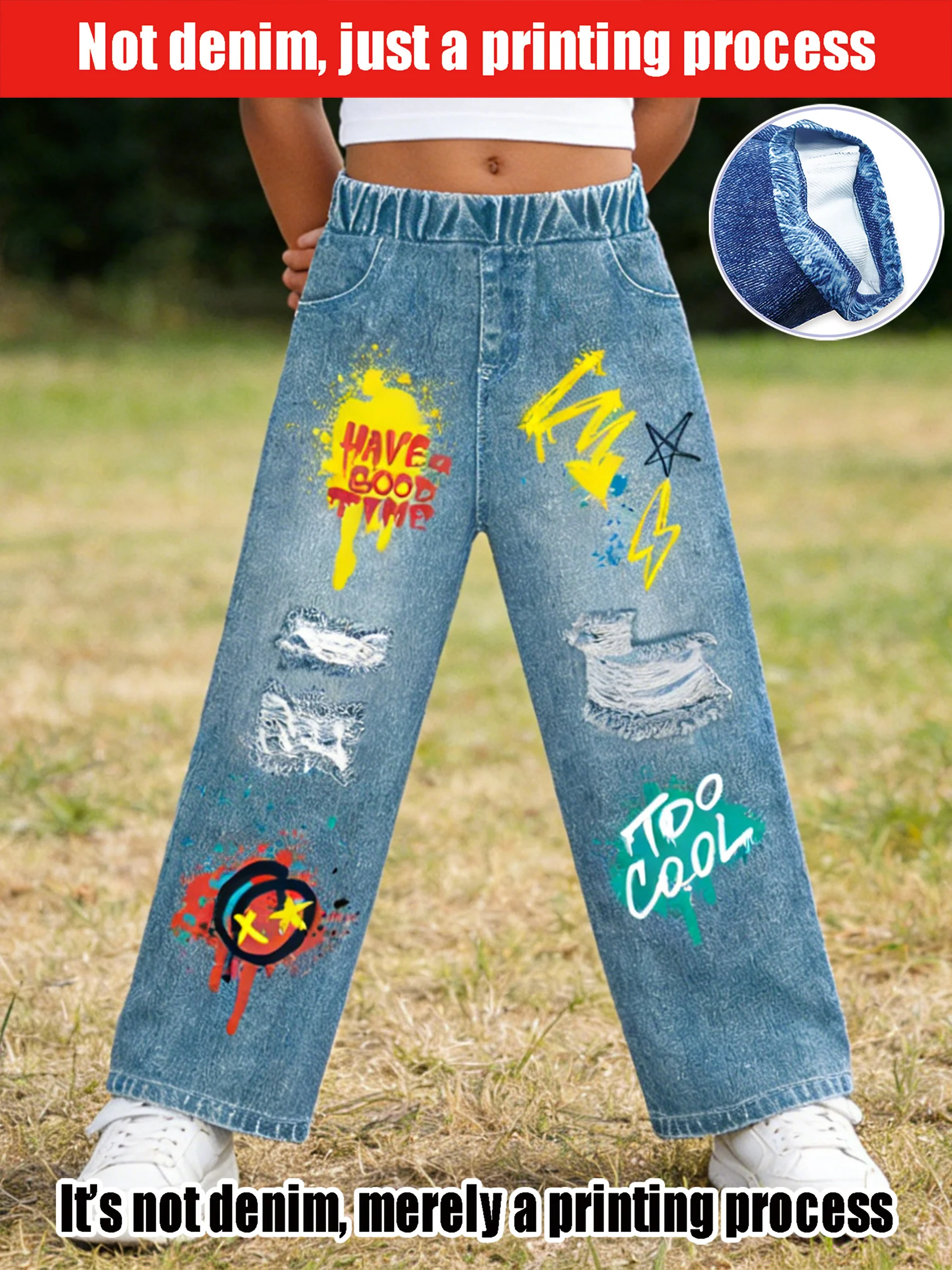 

Детские светло-голубые брюки-кюлоты из имитации денима 2026 года, с эффектом потертостей и разноцветными граффити в виде брызг краски