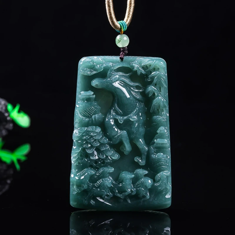 

Natural Jade Blue Landscape Chinese Zodiac Horse Pendant Ice Jadeite Men Pendant Women Necklace Fine Jewelry Accessories Gift