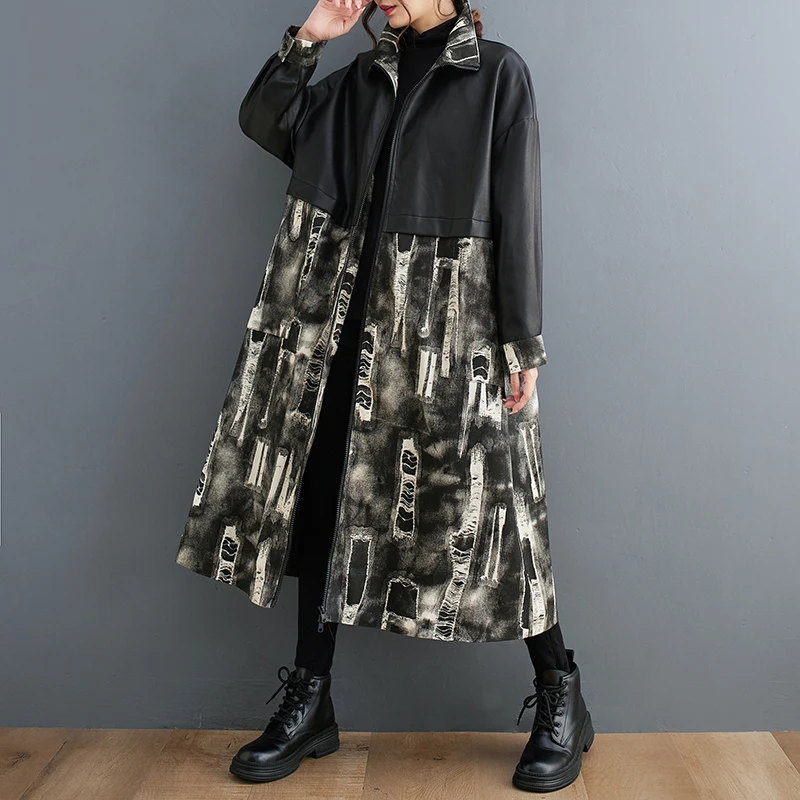 #4028 Herfst Winter Vintage Trenchcoat Vrouwen Rits Losse Split Joint Pu Overjas Vrouwelijke Print A-Line Leren Jas