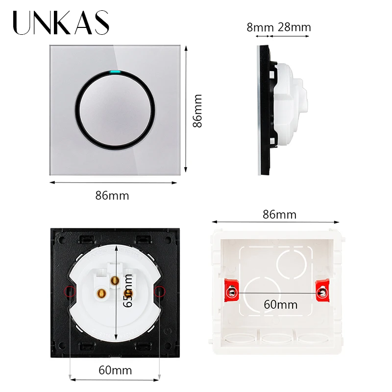 UNKAS Grey 1 2 3 4 Gang 1 / 2 Way Random Click On / Off Pass Through Wall Light Switch LED Indicator Gray Crystal Glass Panel