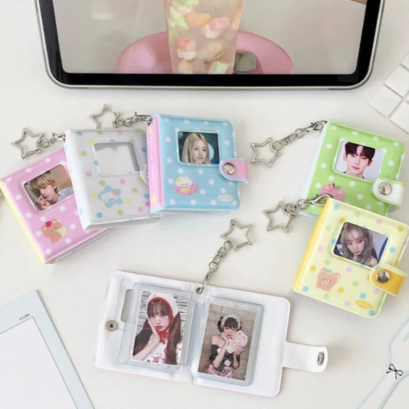 2 Inch Mini Photo Album Keychain for Kpop Card Cute Cartoon Bear Polka Dot Design Student ID Card Sticker Storage Case 2026 New