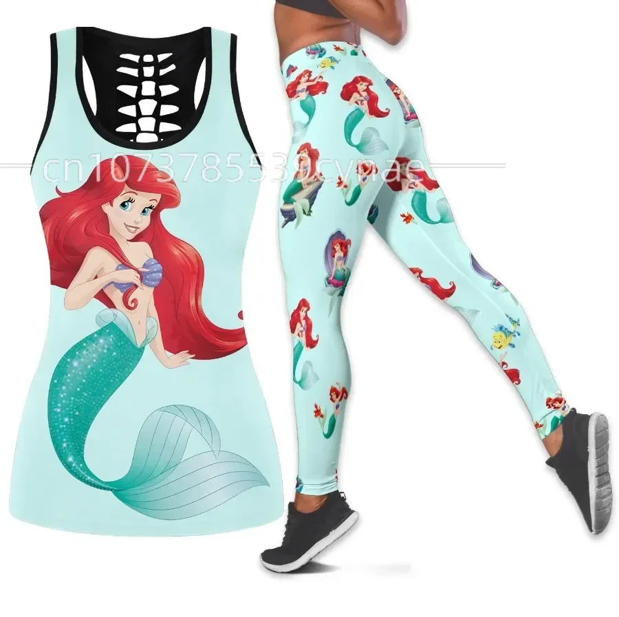 Disney Princess Women\'s Y2k Hollow Vest + Women\'s Leggings Yoga Suit Fitness Leggings Sports Suit Tank Top Legging Set Outfit