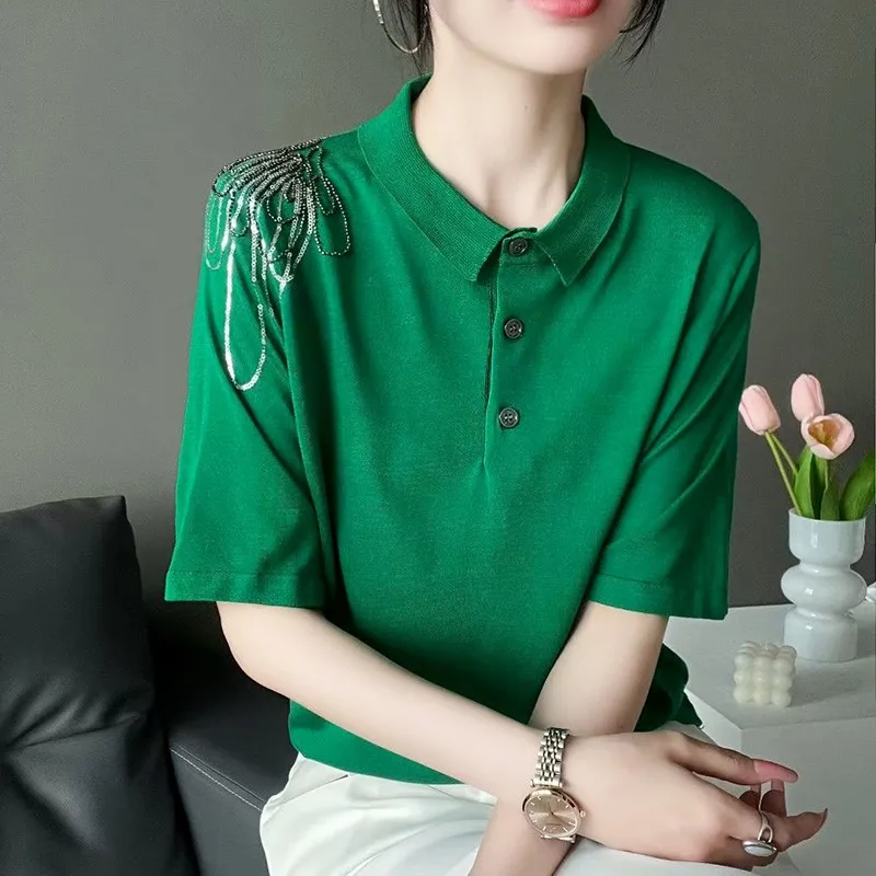 Spring Autumn Winter Short Sleeve Thin Knitted T-Shirt Women's Style 2 Casual Commute Style Straight Tube Shape Button Splice