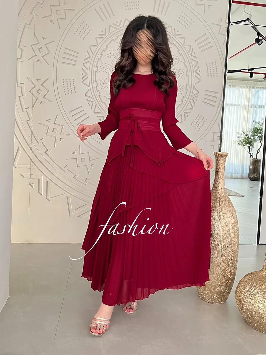 EGRM Fashion Party Pleated 2 Piece Set Women Irregular Belt Gathered Waist Tops and Folds A-line Long Skirt Party Set 9EG1116