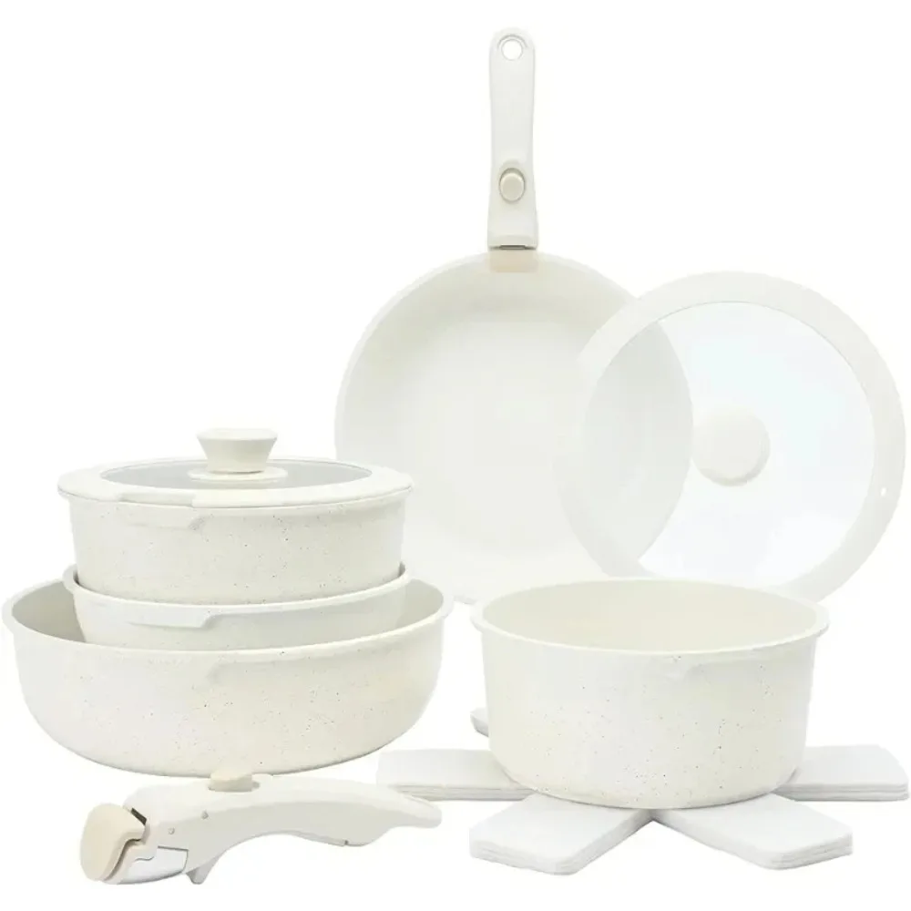 

13 piece set of pots, pans, ladles, and pots - Safe kitchen utensils with detachable handles, cream color