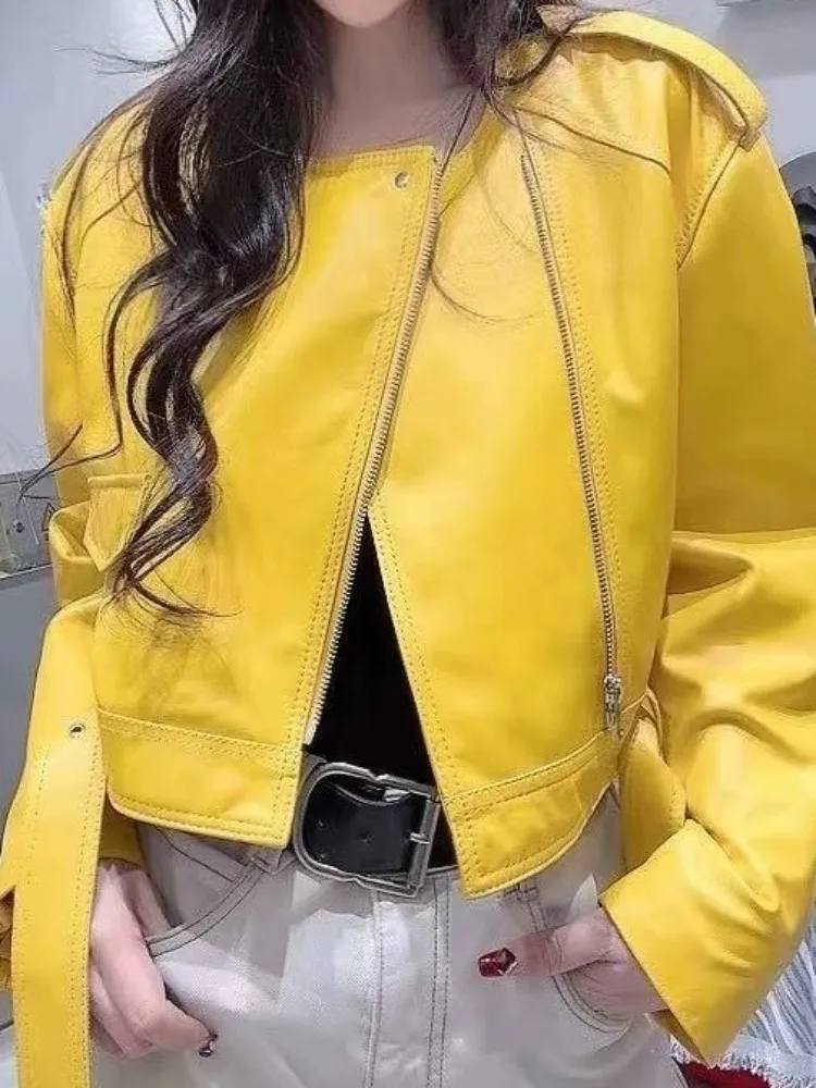 Kantoor dames effen kleur ronde hals lederen jas losse lange mouwen schapenvacht rits sjerpen topkwaliteit bovenkleding