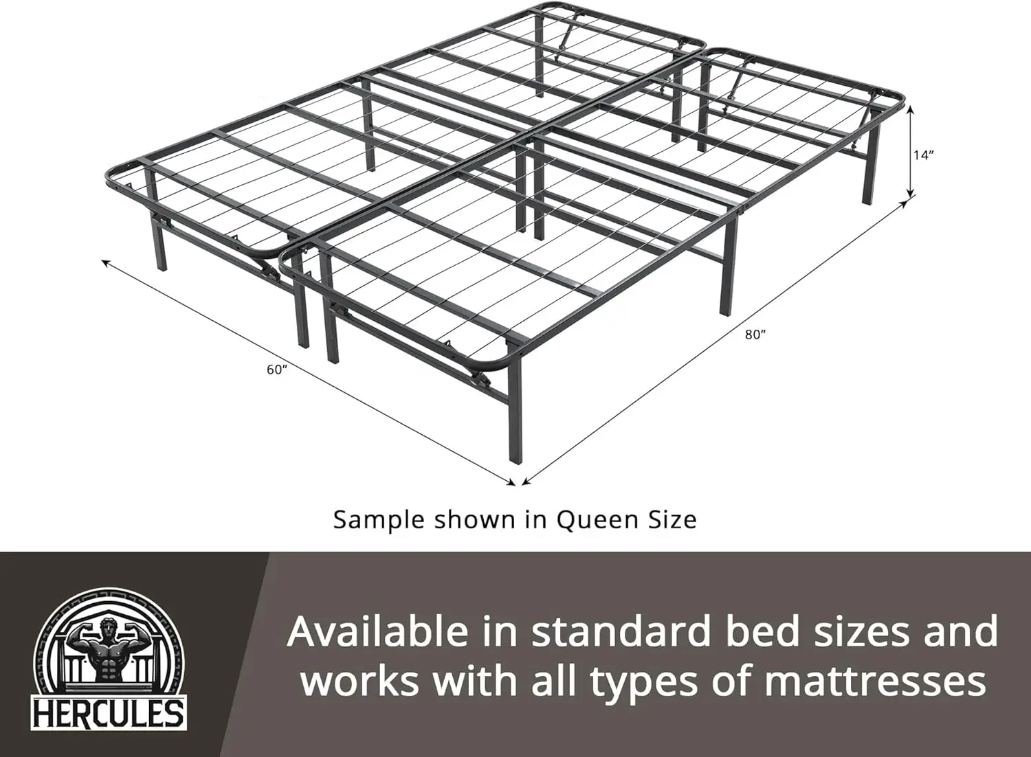 Folding Metal Bed Frame, 14 Inch Platform Mattress Foundation, Queen