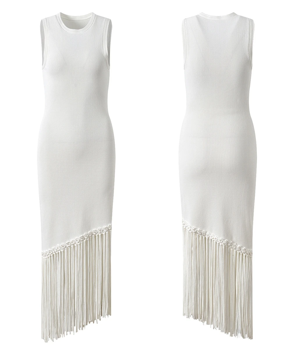 

High-End Spring Summer New Sle Svel Slim Fit round Ne Evening Gown with Tassel Lace Hemline Knitted Mid-Length Dr