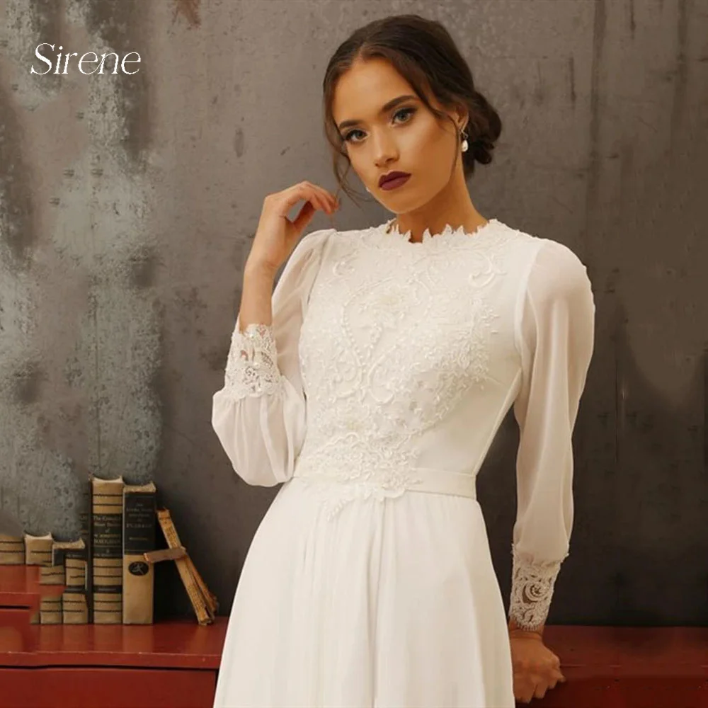 Gaun pernikahan sifon applique renda Boho Vintage gaun pengantin leher tinggi lengan panjang elegan gaun pengantin A-Line Vestidos De Noiva