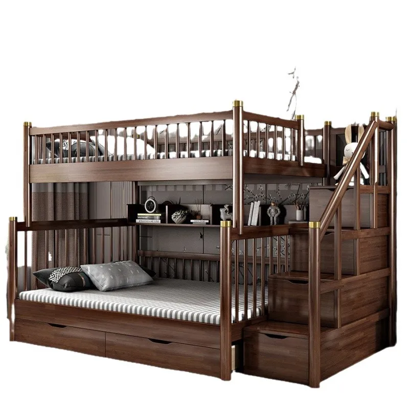 

New Chinese-style solid wood mother and child bed, walnut children's bed, simple small household high and low bed, bunk bed