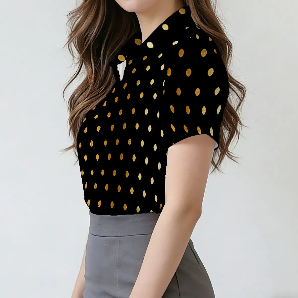 Women's summer printed shirt, black base with gold polka dots,delicate and eye-catching with street art vibe,suitable for busine