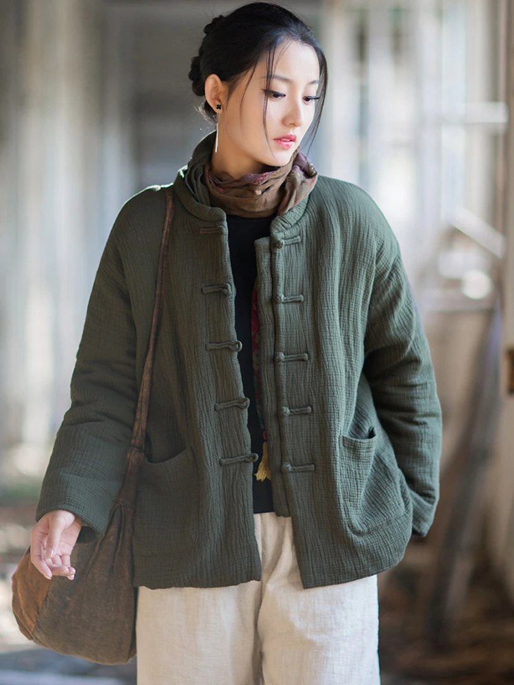 

Женские стеганые пальто из хлопка и льна в китайском стиле, новинка 2025 года, зимние винтажные женские толстые теплые повседневные куртки с воротником-стойкой M2100