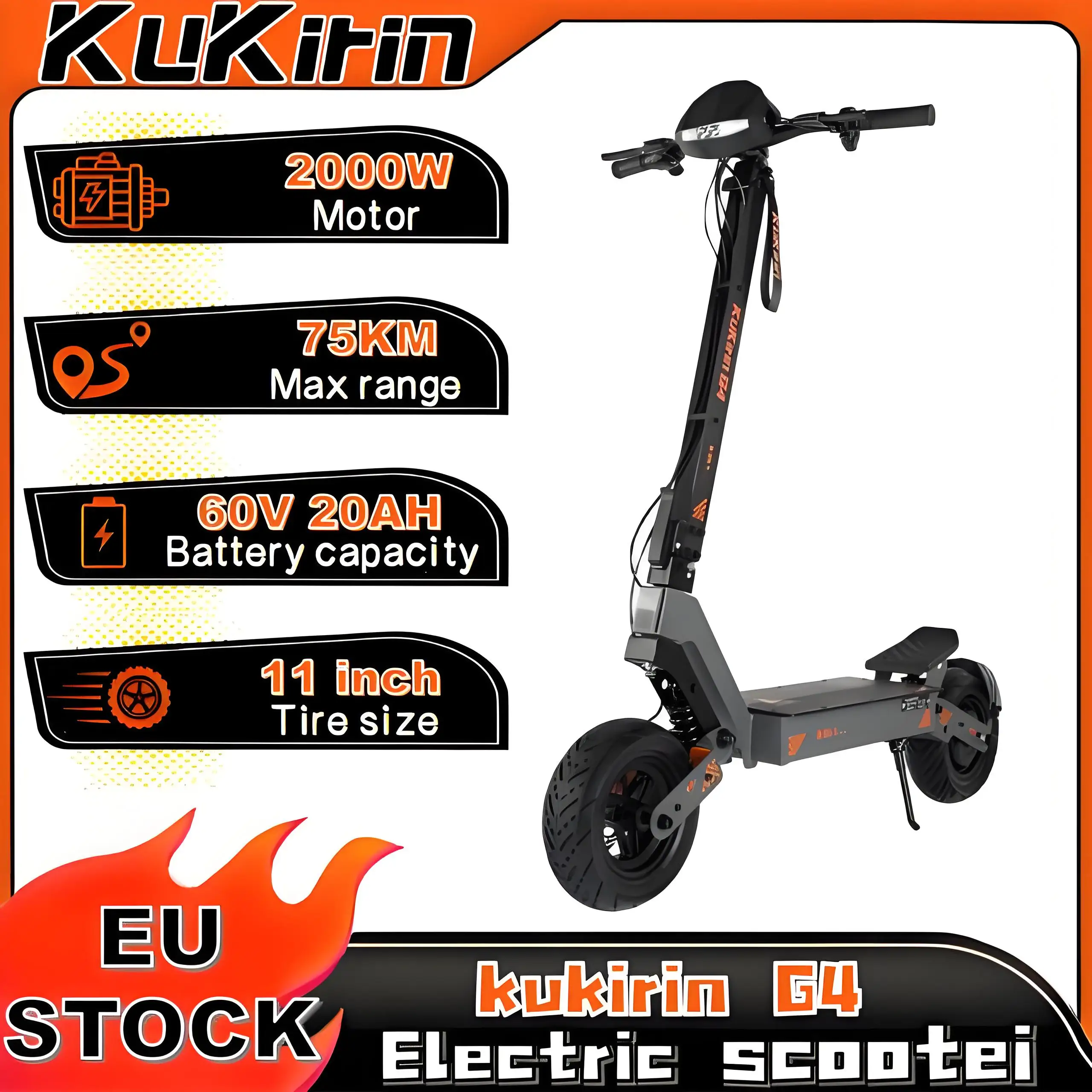 Kukirin G4 scooter électrique pliant 2000W 60V 20Ah IP54 protection 11 pouces hors route 70 km/h vitesse 75km portée