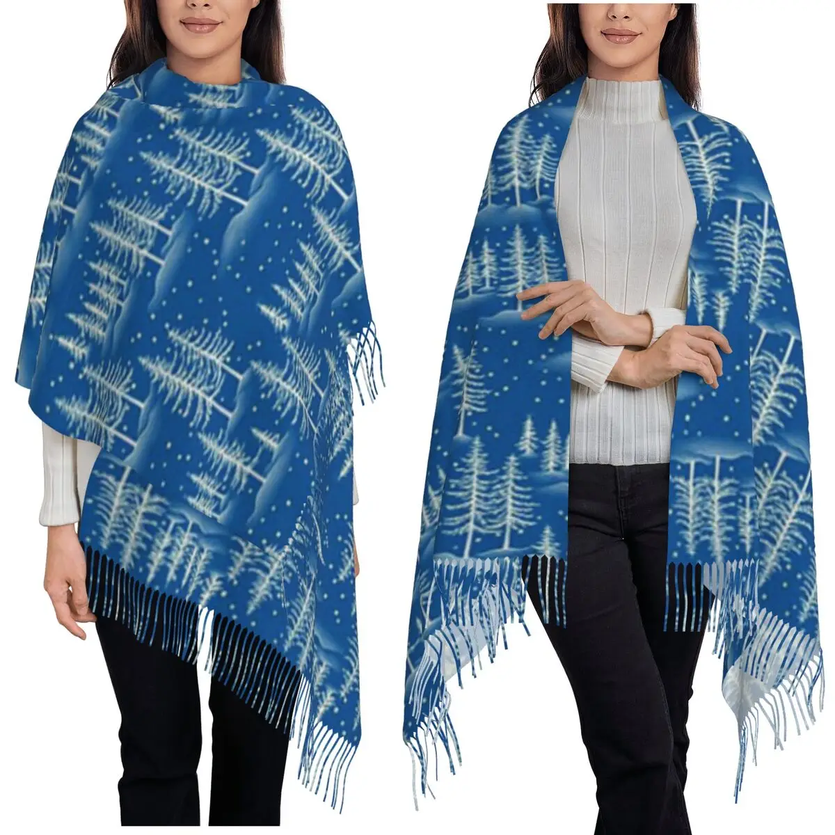 

Snowy Mountain Snowflake Tree Pattern Scarf Tassel Scarves Women Soft Warm Shawls and Wraps Large Fall Winter Shawl Wrap