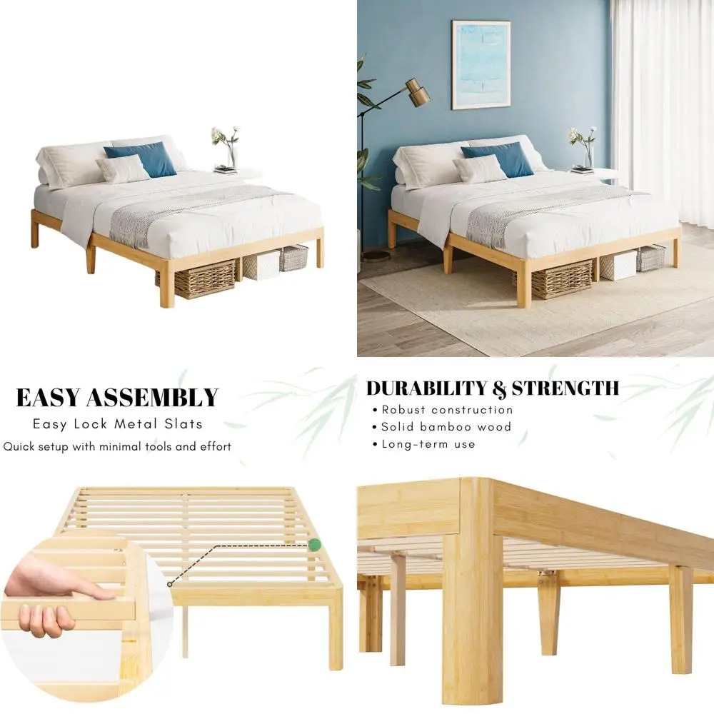 Durable Full-Size Bamboo Bed Frame with Metal Slats, Platform Style, No Box Spring Required, Easy Assembly