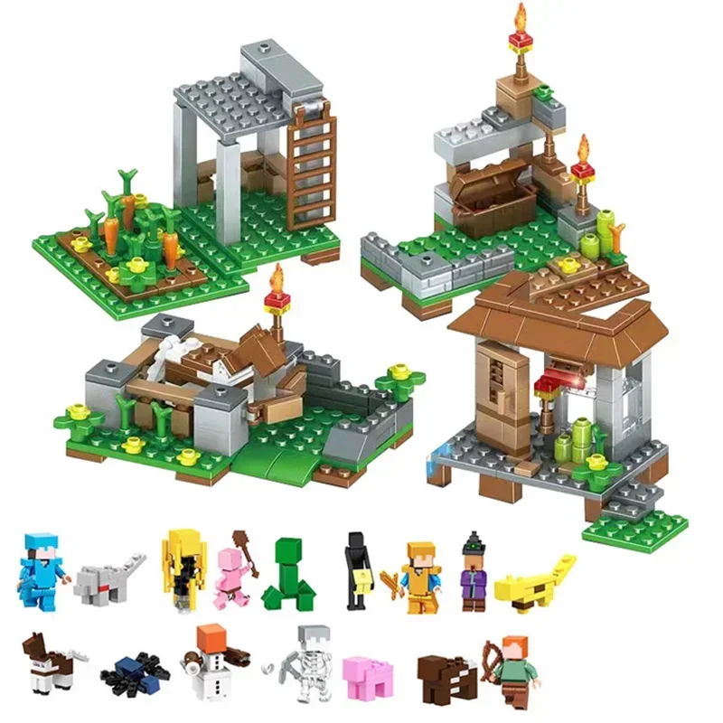 Figurines d'action compatibles avec My World Village, maison de village, cheval de guerre, ville, Steve, blocs de construction, jouets cadeaux pour enfants, 16