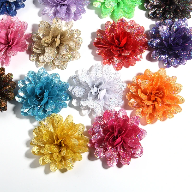 

200PCS 8CM 3.1" New Artificial Metallic Fabric Flower For Wedding Party Craft Chiffon Shiny Flowers Bouquet For Wedding Boutique