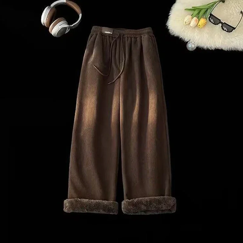 Winter Girls High Waist Loose Plush Slacks Lady Chic Snow Warm Fleece Pants Women Retro Fashion Straight Leg Trousers